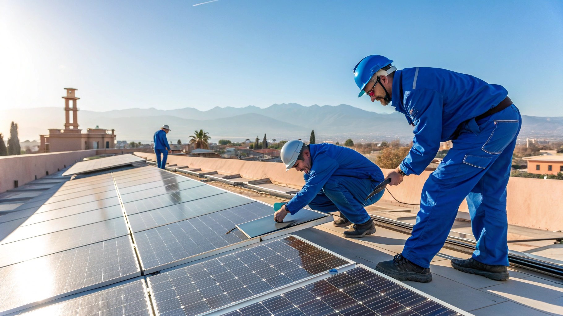 Installation panneaux solaires sur toit à Maroc par équipe DR MULTISERVICES